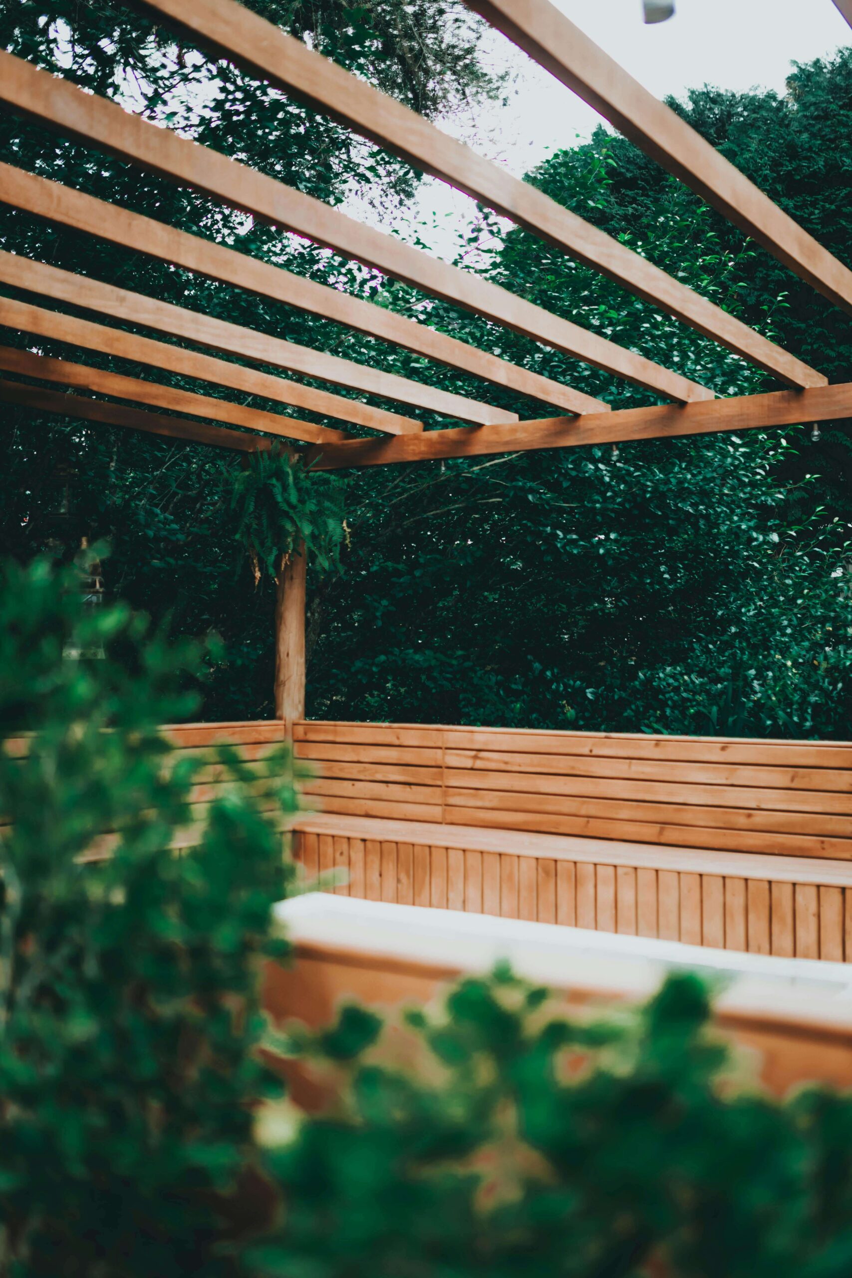 Cozy pergola covered in climbing flowers, rustic wood beams, and visiting garden birds